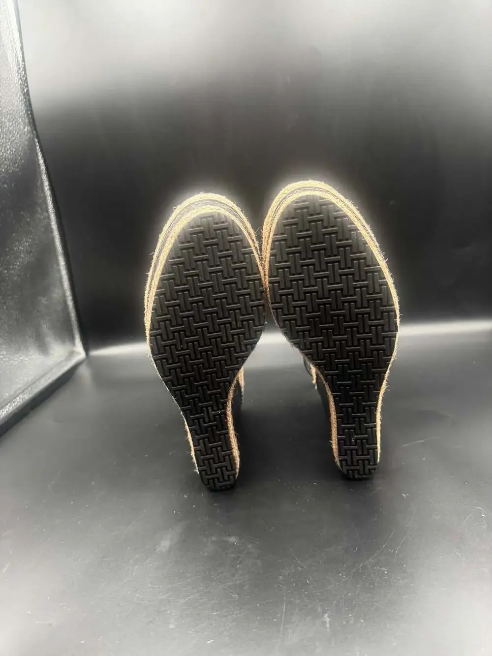H by Halston Black Leather Woven Espadrille Wedge Sandals